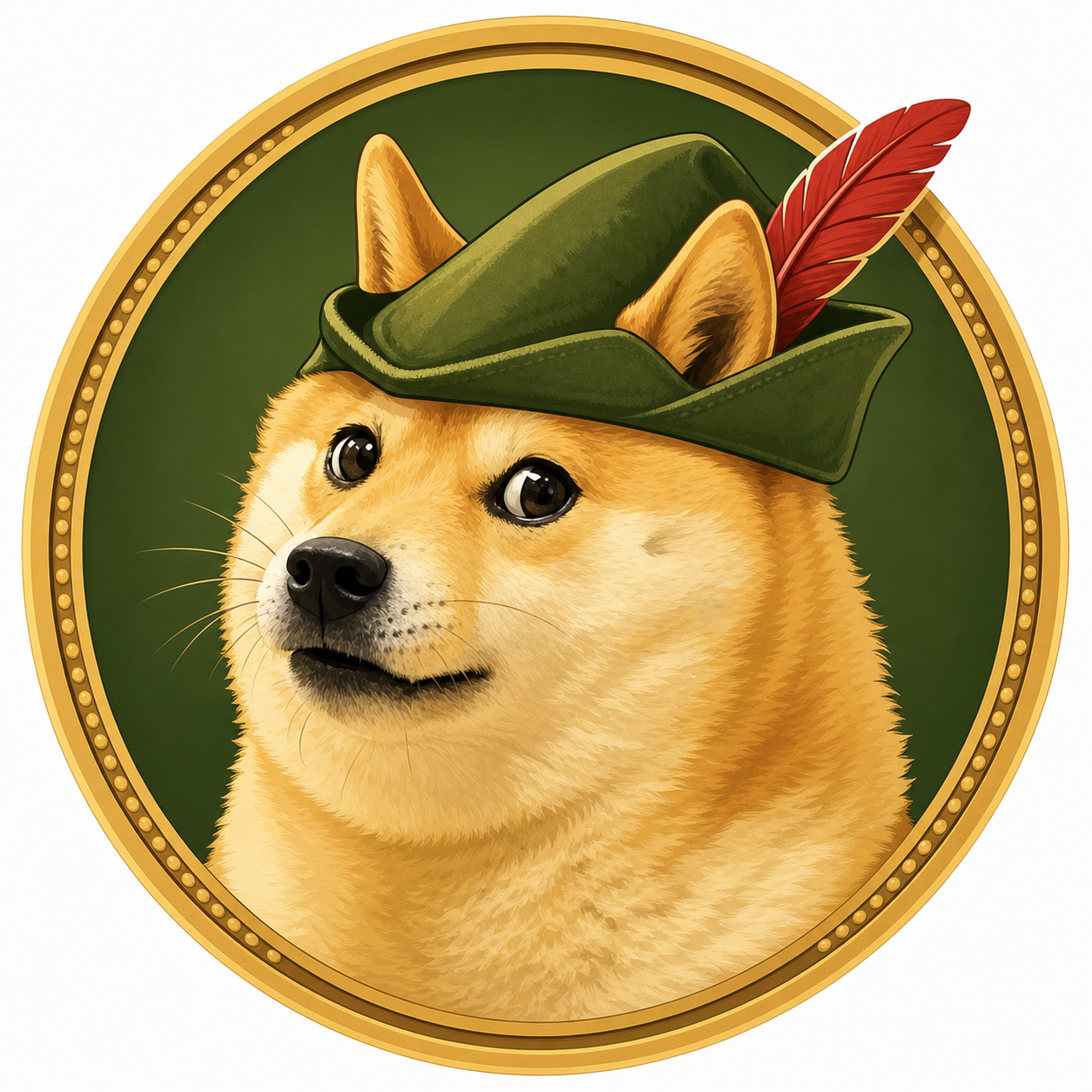 Robin Doge wearing a green forest cap inside a gold coin